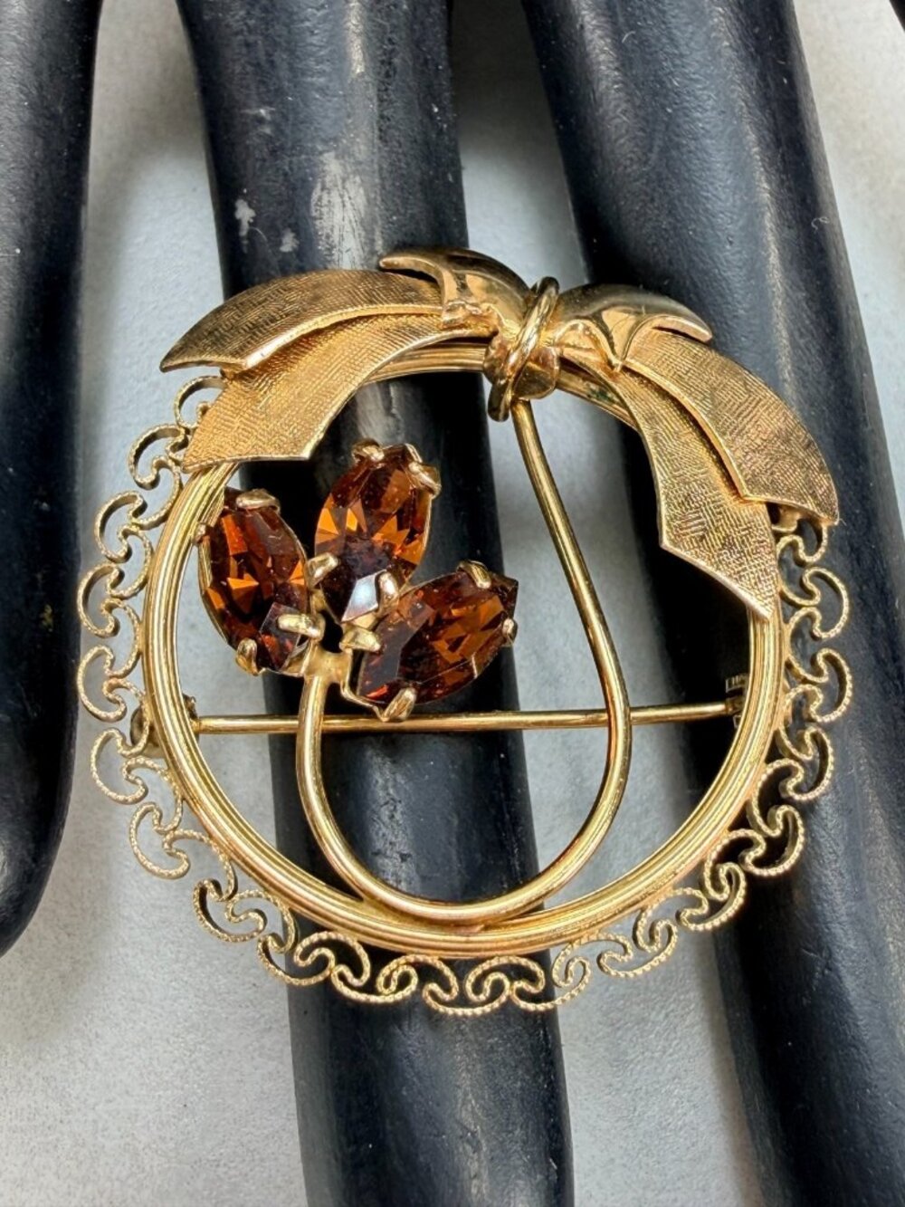 Vintage Signed Gold Tone Filigree Circle Brooch Amber Rhinestone Mid Century